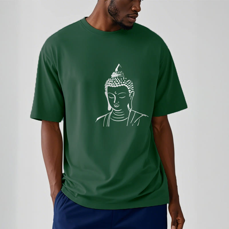 Buddha Head Cotton T-Shirt – Male model wearing relaxed fit, casual street style, mindfulness fashion