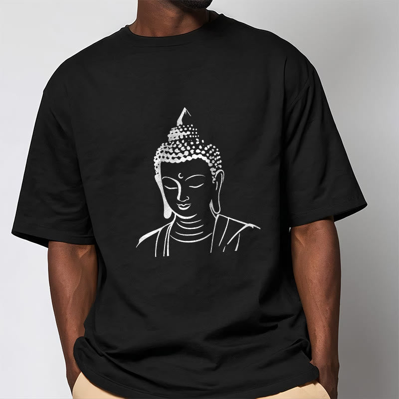 Buddha Head Cotton T-Shirt – Close-up of crew neck and double stitch collar, quality construction