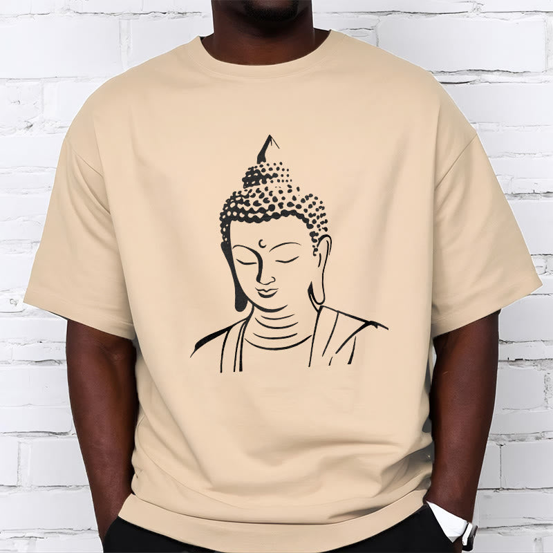 Buddha Head Cotton T-Shirt – Print detail under macro lens, screen ink texture, durable graphic quality