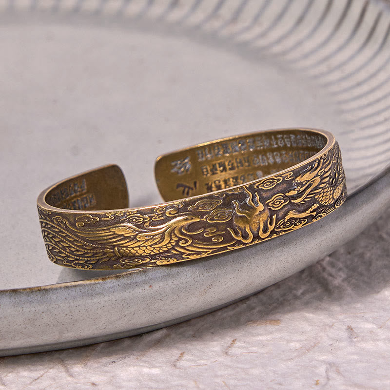 Dragon Phoenix Heart Sutra Copper Bracelet – On gray ceramic plate, exterior relief and interior Heart Sutra, Zen