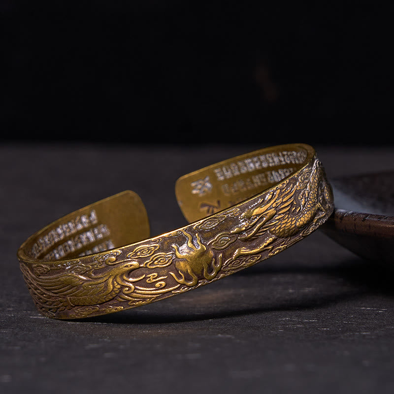 Dragon Phoenix Heart Sutra Copper Bracelet – Three-quarter view, dragon-phoenix exterior with inner sutra text, Harmonious