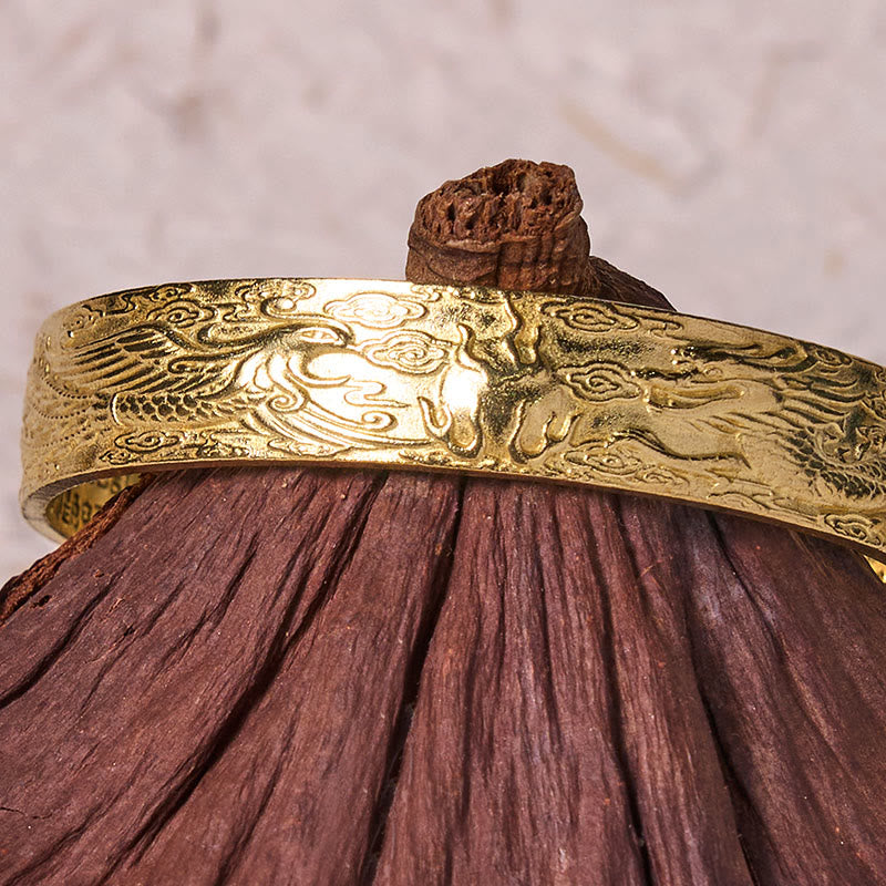 Dragon Phoenix Heart Sutra Copper Bracelet – Close-up on gourd vessel, metal band dragon-phoenix carving, Mindful