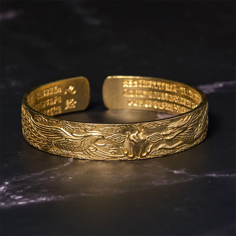 Dragon Phoenix Heart Sutra Copper Bracelet – Front on dark marble, phoenix pair relief engraving, Prosperous