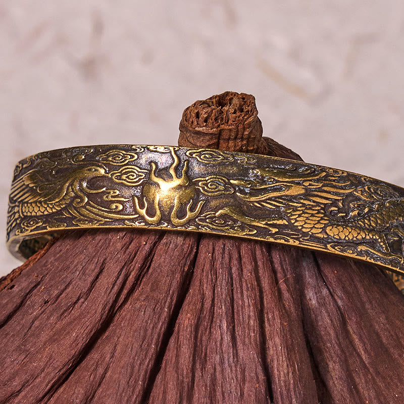 Dragon Phoenix Heart Sutra Copper Bracelet – Macro on wooden base, dragon-phoenix relief carving, Blessing
