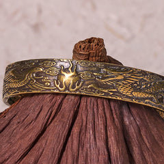 Dragon Phoenix Heart Sutra Copper Bracelet – Macro on wooden base, dragon-phoenix relief carving, Blessing