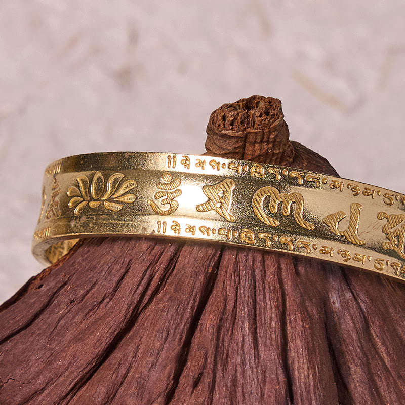 Om Mani Padme Hum Cuff Bracelet - six-syllable mantra on antique gold band, devoted