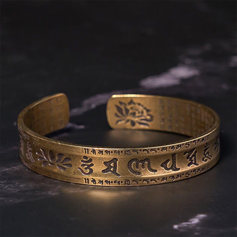 Om Mani Padme Hum Cuff Bracelet - Sanskrit bands flanking carved lotus, peaceful