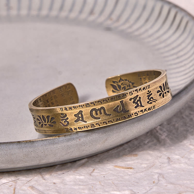 Om Mani Padme Hum Cuff Bracelet - engraved mantra on artisan ceramic dish, serene
