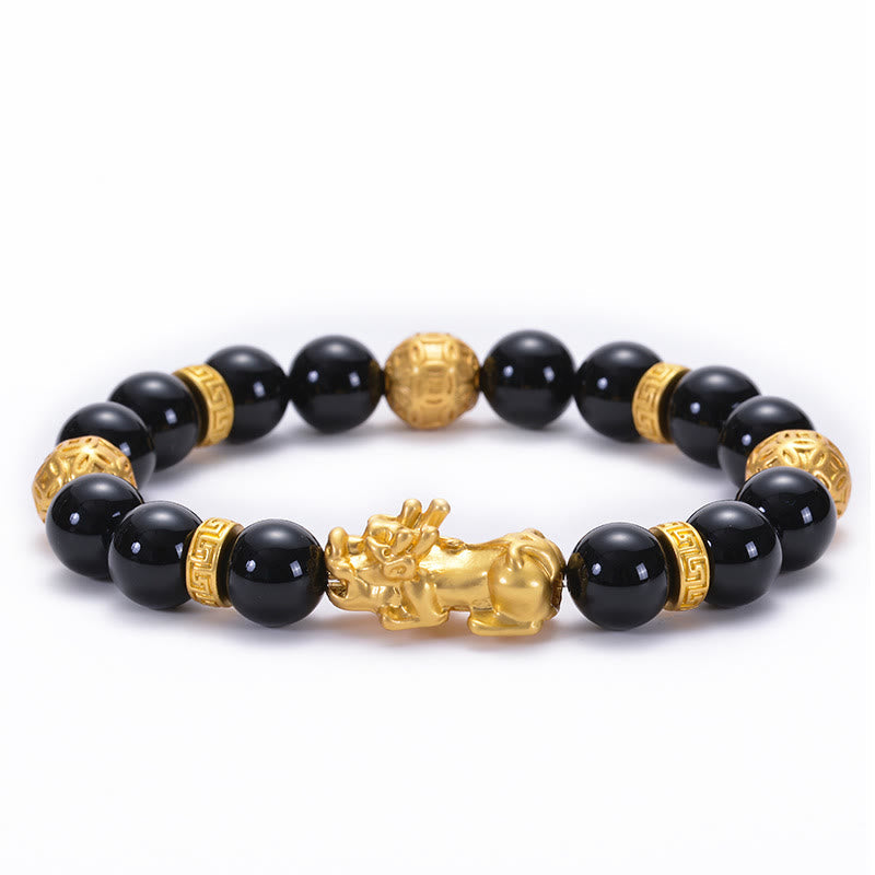 Black Obsidian PiXiu Om Mani Padme Hum Bracelet – plain black onyx beads with gold PiXiu white background, alternative style
