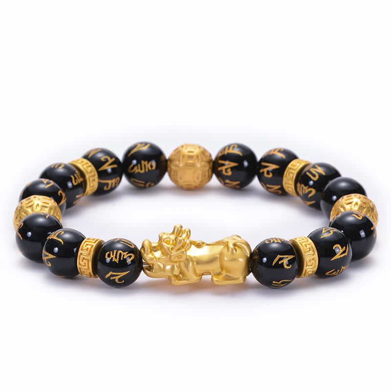 Black Obsidian PiXiu Om Mani Padme Hum Bracelet – obsidian beads with gold script and PiXiu, white background, feng shui
