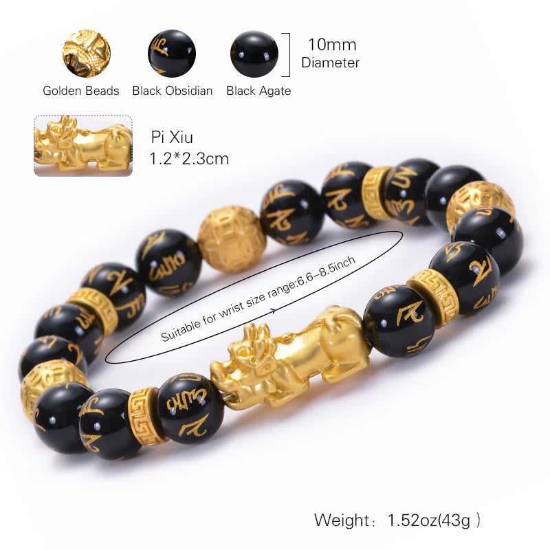 Black Obsidian PiXiu Om Mani Padme Hum Bracelet – size chart with bead dimensions and wrist measurements, product specs