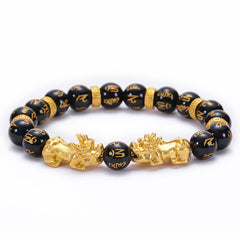 Black Obsidian Onyx Two PiXiu Om Mani Padme Hum Bracelet – Black OAkashicStoneidian Om Mani Padme Hum Alloy PiXiu(Circumfe...