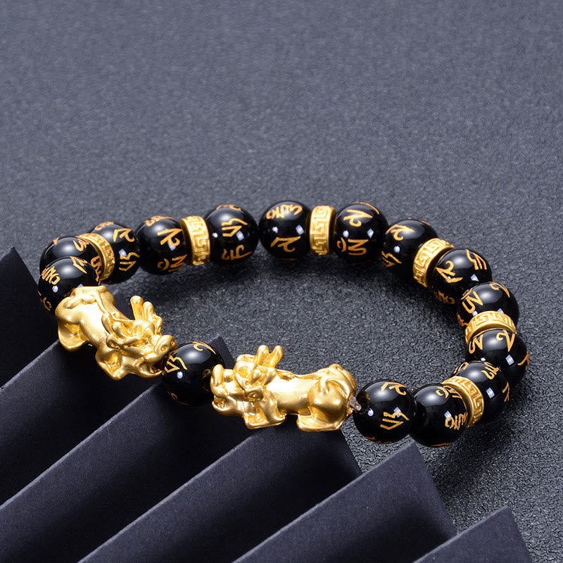 Black Obsidian Onyx Two PiXiu Om Mani Padme Hum Bracelet, image 3, healing bracelet