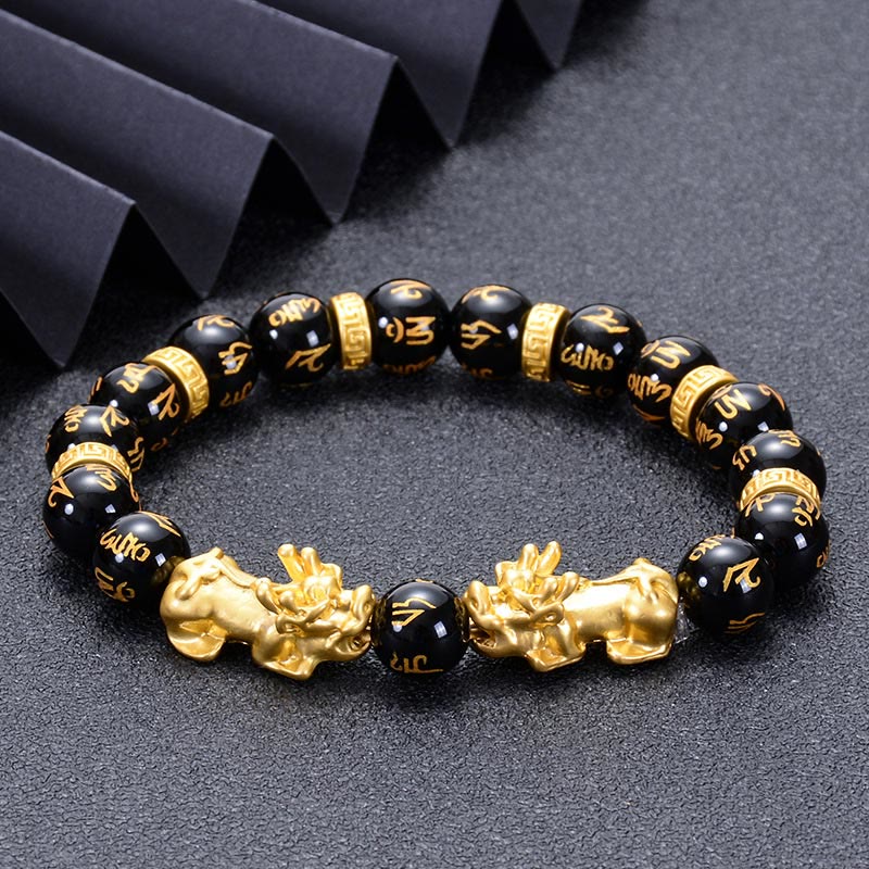 Black Obsidian Onyx Two PiXiu Om Mani Padme Hum Bracelet – Black Onyx Alloy Golden PiXiu(Circumference: 16.7-21.6cm), imag...