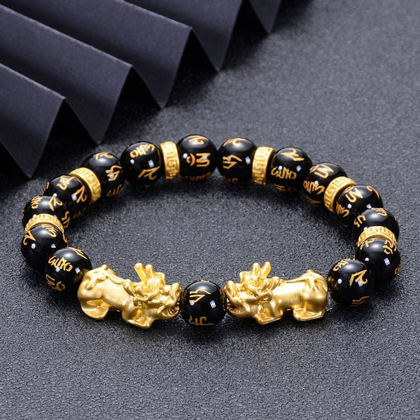 Black Obsidian Onyx Two PiXiu Om Mani Padme Hum Bracelet – Black Onyx Alloy Golden PiXiu(Circumference: 16.7-21.6cm), imag...