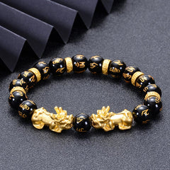 Black Obsidian Onyx Two PiXiu Om Mani Padme Hum Bracelet – Black Onyx Alloy Golden PiXiu(Circumference: 16.7-21.6cm), imag...