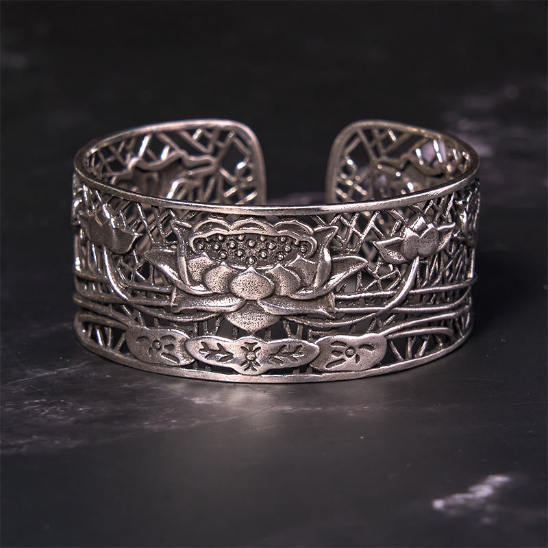 Hollow Lotus Silver Plated Copper Bracelet Bangle – antique silver lotus bloom on charcoal slate, wellness
