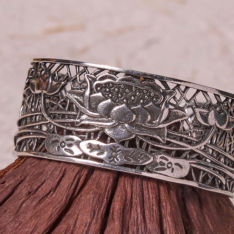 Hollow Lotus Silver Plated Copper Bracelet Bangle | Healing & Balance