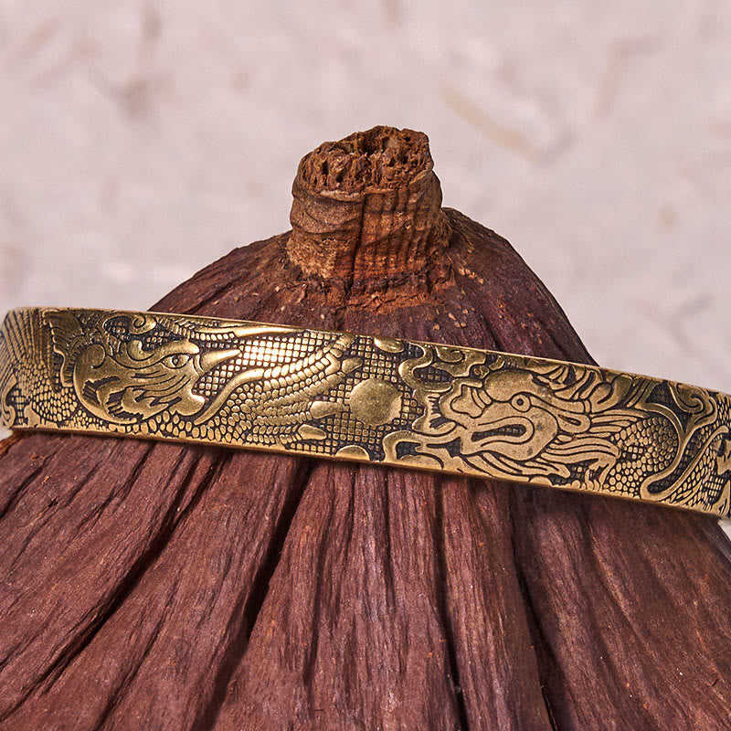 Dragon Phoenix Copper Brass Bracelet – Close-up on dried lotus pod prop, relief dragon scales, Heritage