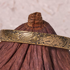 Dragon Phoenix Copper Brass Bracelet – Close-up on dried lotus pod prop, relief dragon scales, Heritage