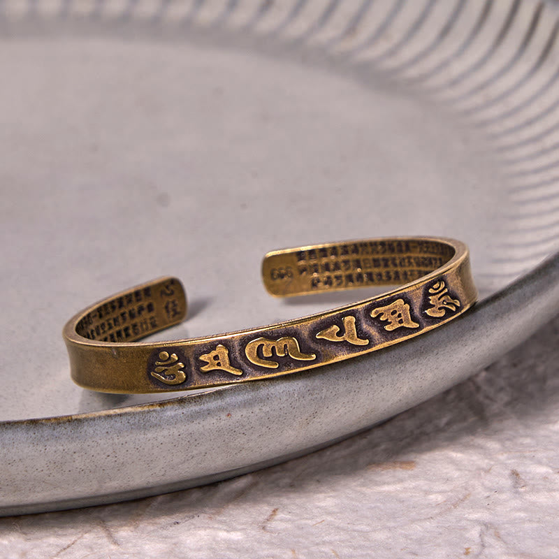 Om Mani Padme Hum Copper Cuff Bangle – Open cuff design with dual-sided engravings, antique brass finish