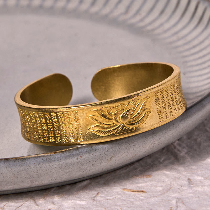 Heart Sutra Lotus Copper Brass Peace Cuff Bracelet – open cuff with lotus relief on ceramic plate, serene calm