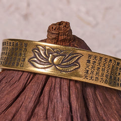 Heart Sutra Lotus Copper Brass Peace Cuff Bracelet – engraved lotus and sutra on natural wood, inner peace