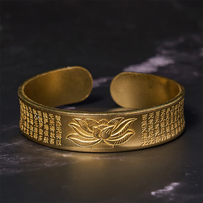 Heart Sutra Lotus Copper Brass Peace Cuff Bracelet – carved lotus and Buddhist text on marble, meditative peace