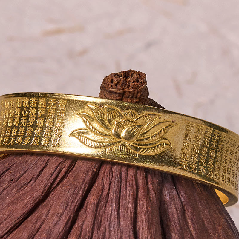 Heart Sutra Lotus Copper Brass Peace Cuff Bracelet – golden lotus and sutra on rustic wood, healing harmony