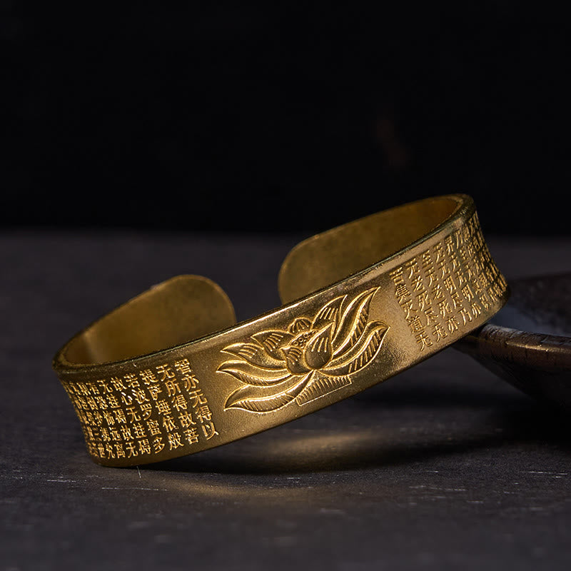 Heart Sutra Lotus Copper Brass Peace Cuff Bracelet – wide band lotus carving on dark stone, tranquil harmony