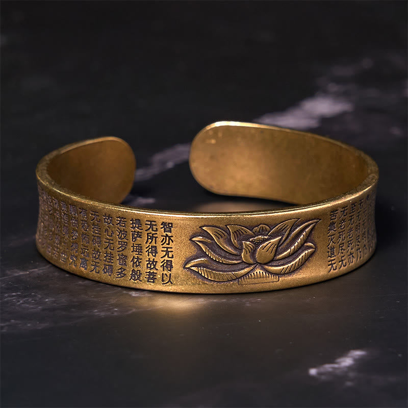 Heart Sutra Lotus Copper Brass Peace Cuff Bracelet – embossed lotus and calligraphy on black marble, spiritual balance