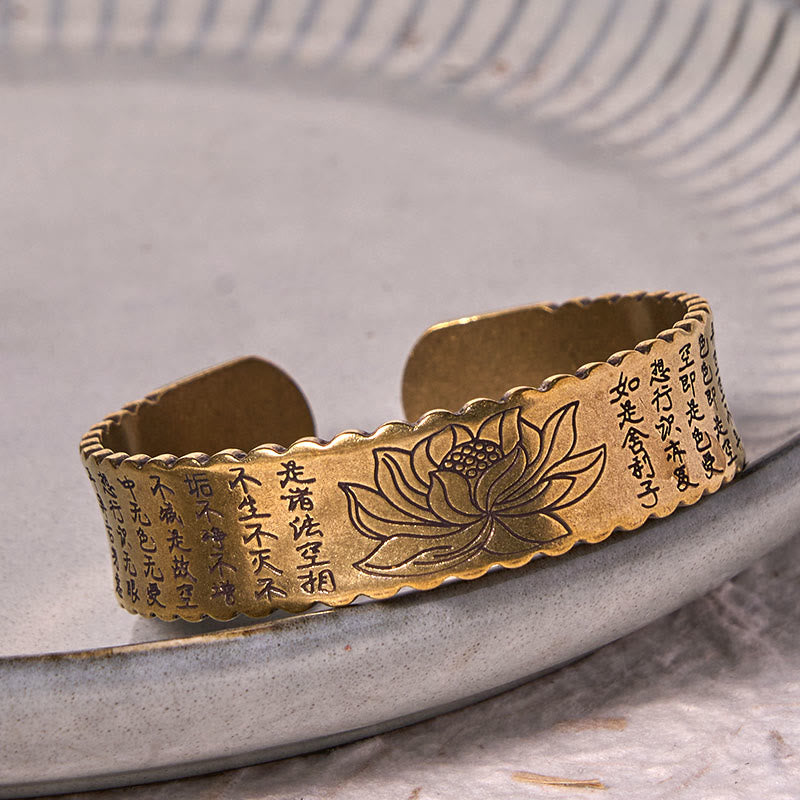 Heart Sutra Lotus Copper Cuff Bracelet – lotus engraving with Chinese scripture on ceramic dish, serene, artisan crafted