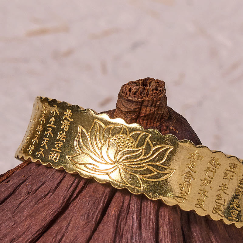 Heart Sutra Lotus Copper Cuff Bracelet – lotus and sutra engraving on lotus pod, gold metal, contemplative, unique