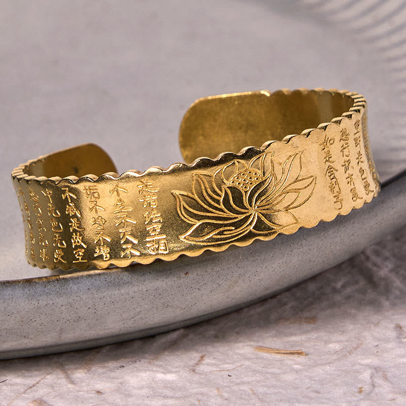 Heart Sutra Lotus Copper Cuff Bracelet – hammered lotus bangle with sutra text on ceramic, artisan, Buddhist heritage