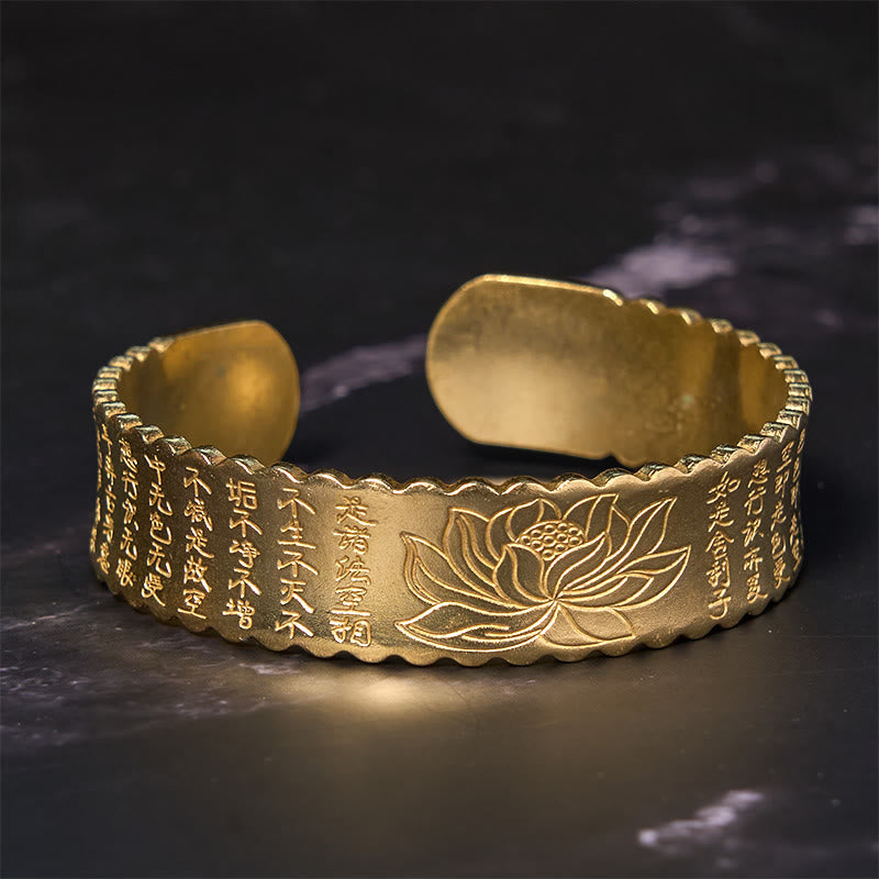 Heart Sutra Lotus Copper Cuff Bracelet – wide lotus cuff with Buddhist calligraphy on black marble, enlightenment jewelry