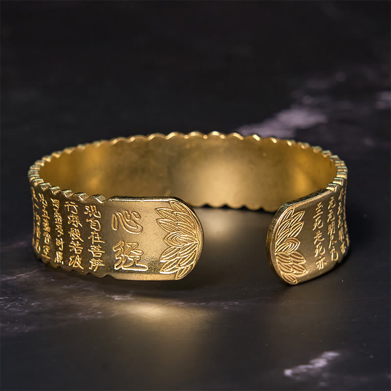 Heart Sutra Lotus Copper Cuff Bracelet – engraved Xinjing title with lotus motifs, gold-tone metal, spiritual elegance