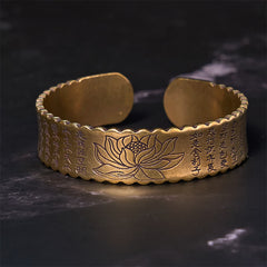 Heart Sutra Lotus Copper Cuff Bracelet – open cuff with lotus flower and sutra text, antique gold, meditation jewelry