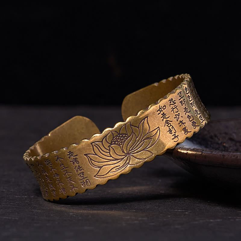 Heart Sutra Lotus Copper Cuff Bracelet – engraved lotus and Buddhist calligraphy on antique brass, spiritual, timeless