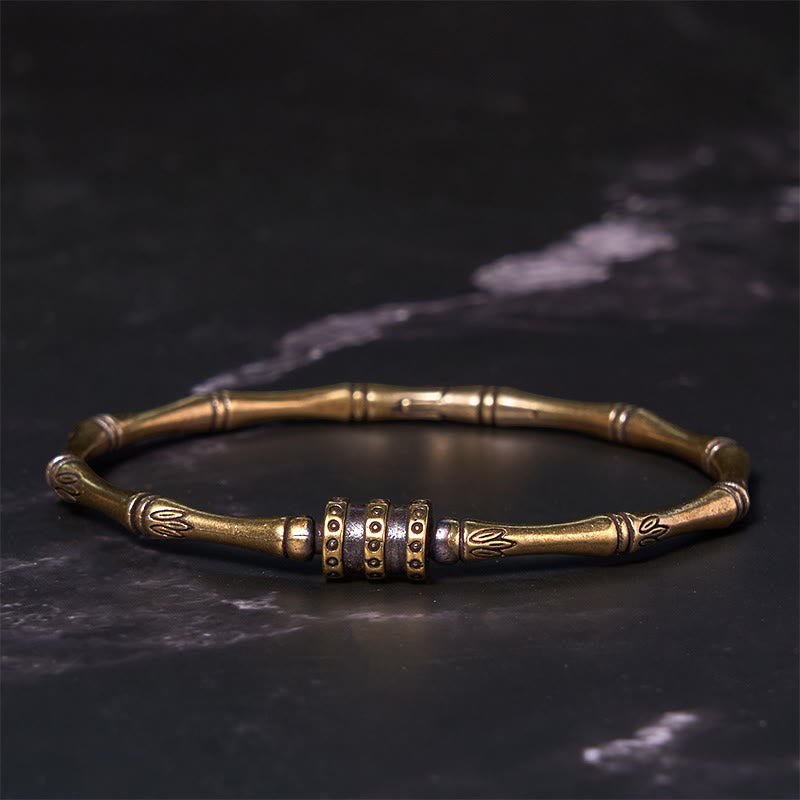 Bamboo Lotus Copper Brass Bracelet Bangle – bamboo joint bangle with dotted spacer beads and leaf engravings on black marble, handcrafted