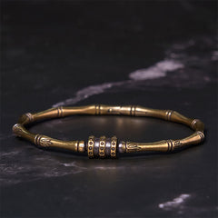 Bamboo Lotus Copper Brass Bracelet Bangle – bamboo joint bangle with dotted spacer beads and leaf engravings on black marble, handcrafted