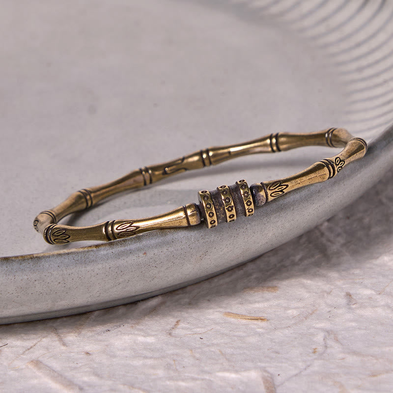 Bamboo Lotus Copper Brass Bracelet Bangle – open bamboo cuff with adjustable beads on gray ceramic, vintage brass, bohemian