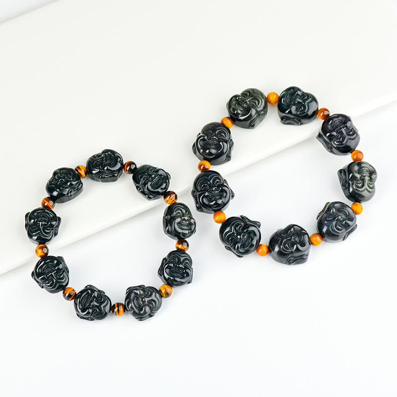Rainbow Obsidian Laughing Buddha Bracelet – Buddha charm back view, engraved mantra detail, hidden sacred