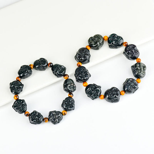 Rainbow Obsidian Laughing Buddha Bracelet – Buddha charm back view, engraved mantra detail, hidden sacred