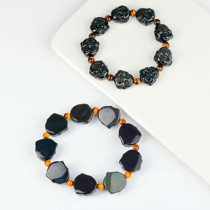 Rainbow Obsidian Laughing Buddha Bracelet – Close-up of rainbow sheen on obsidian beads, iridescent flash
