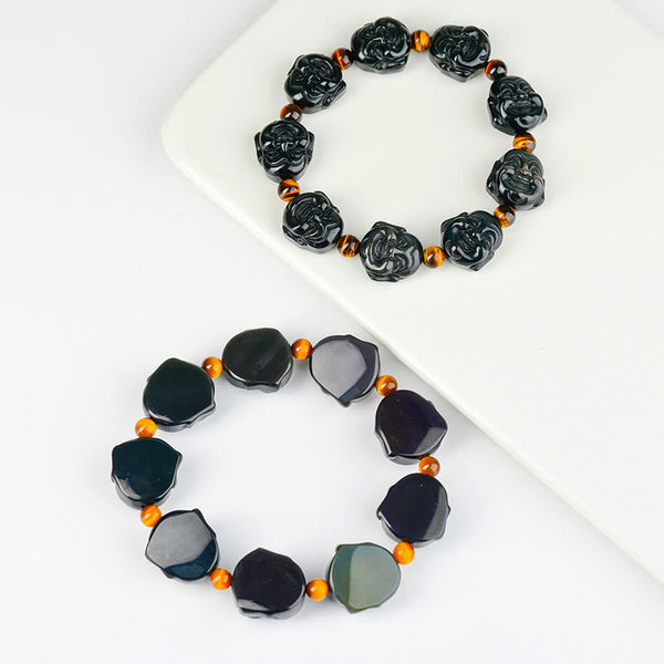 Rainbow Obsidian Laughing Buddha Bracelet – Close-up of rainbow sheen on obsidian beads, iridescent flash