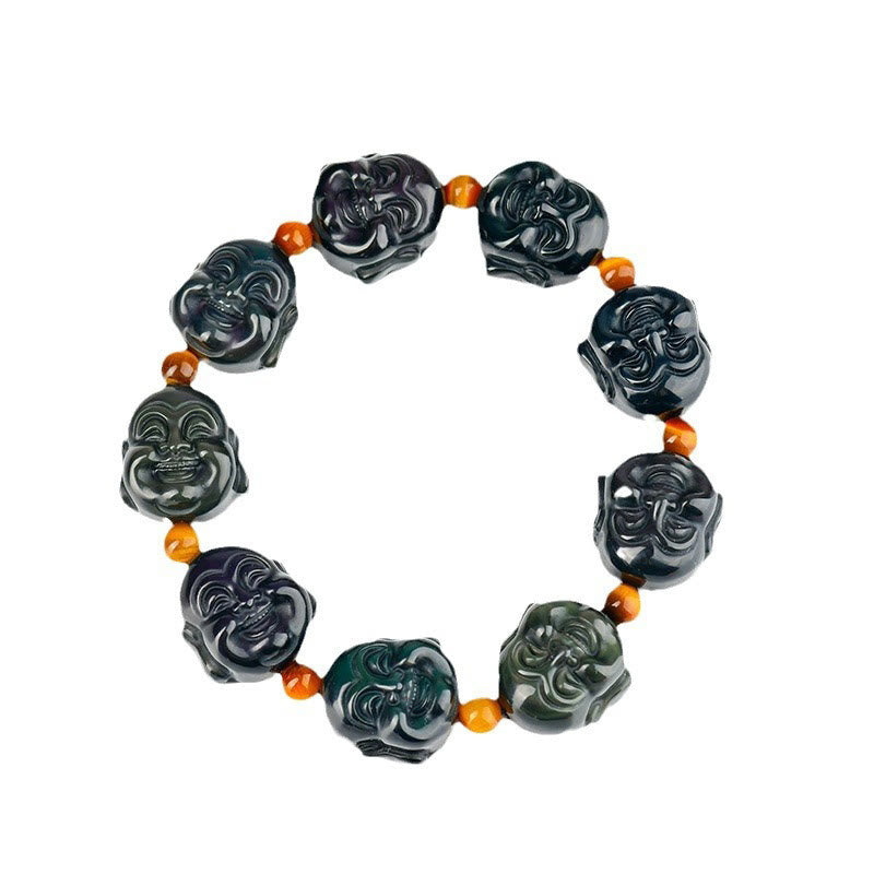 Rainbow Obsidian Laughing Buddha Bracelet – Two bracelets stacked, layering idea, fashion wrist stack