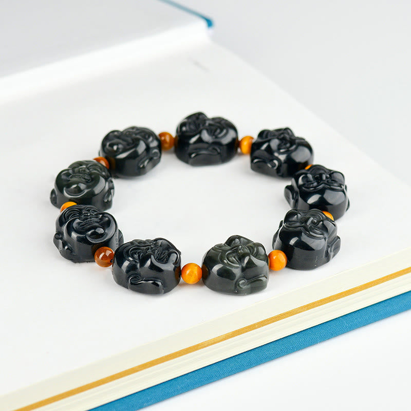 Rainbow Obsidian Laughing Buddha Bracelet – Wrist worn shot showing natural fit and elegant drape, daily wear