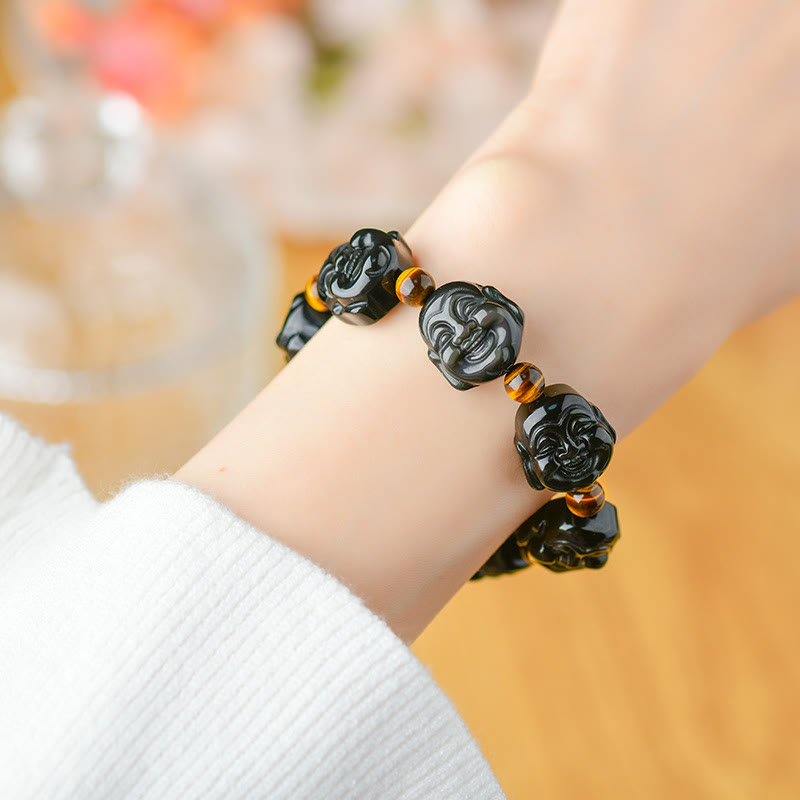 Rainbow Obsidian Laughing Buddha Bracelet – Hand model displaying clasp free slip on style, easy wear