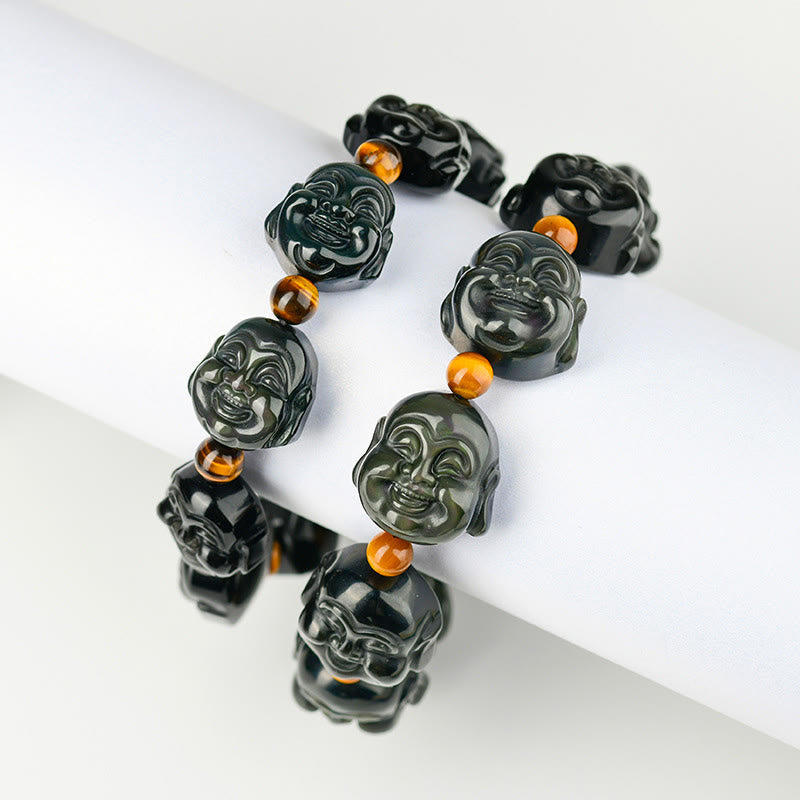 Rainbow Obsidian Laughing Buddha Bracelet – Light reflection creating rainbow eye on bead, spectral effect