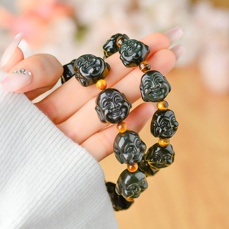 Rainbow Obsidian Laughing Buddha Bracelet – Packaging velvet pouch and branded box, gift presentation